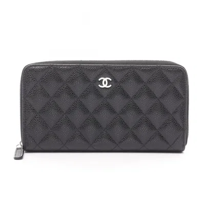 Pre-owned Chanel Leather Long Wallet (bi-fold) () In Black