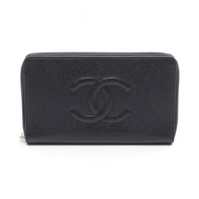 Pre-owned Chanel Leather Long Wallet (bi-fold) () In Black