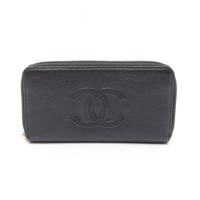 Pre-owned Chanel Leather Long Wallet (bi-fold) () In Black