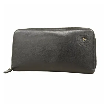 Pre-owned Chanel Leather Long Wallet (bi-fold) () In Black