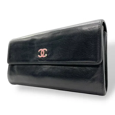 Pre-owned Chanel Leather Long Wallet (bi-fold) () In Black