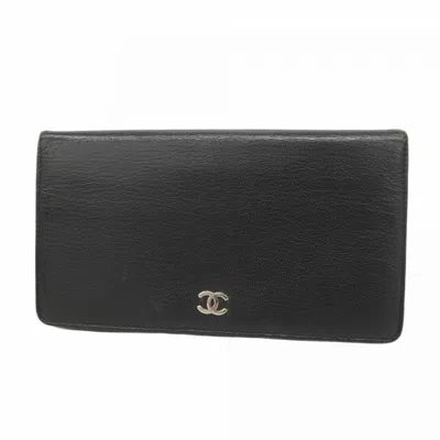 Pre-owned Chanel Leather Long Wallet (bi-fold) () In Black