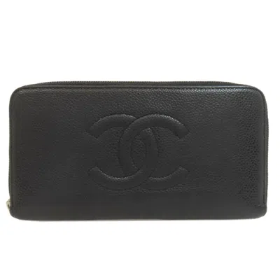 Pre-owned Chanel Leather Long Wallet (bi-fold) () In Black