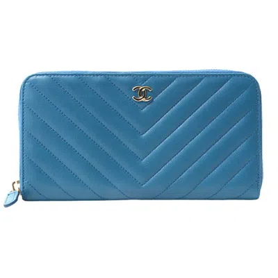 Pre-owned Chanel Leather Long Wallet (bi-fold) () In Blue