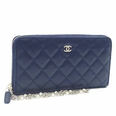 Pre-owned Chanel Leather Long Wallet (bi-fold) () In Blue