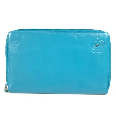 Pre-owned Chanel Leather Long Wallet (bi-fold) () In Blue