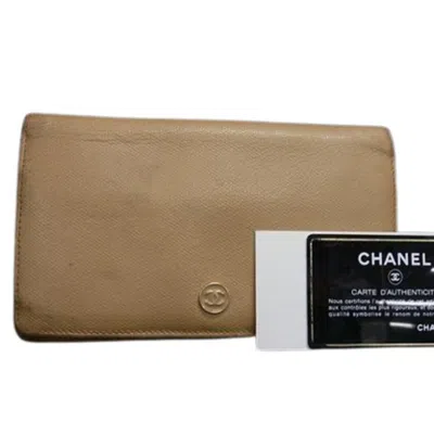 Pre-owned Chanel Leather Long Wallet (bi-fold) () In Sand