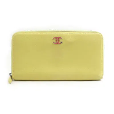 Pre-owned Chanel Leather Long Wallet (bi-fold) () In Yellow