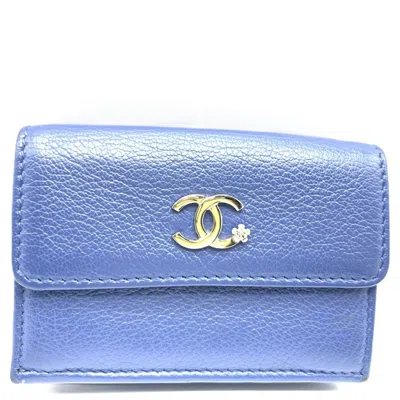 Pre-owned Chanel Leather Lucky Flower Tri-fold Wallet In Blue