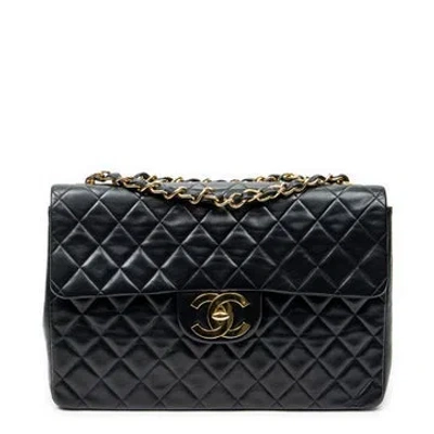 Pre-owned Chanel Leather Maxi Jumbo Xl Flap In Black