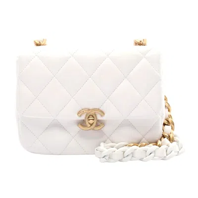 Pre-owned Chanel Leather Mini Matelasse Shoulder Bag In White
