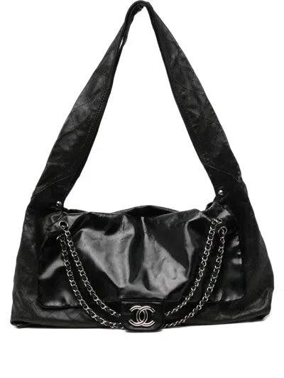 Pre-owned Chanel Leather Oversize Xl Patent And Leather Quilted Tote Shoulder Flap Bag In Black