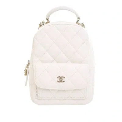 Pre-owned Chanel Leather Quilted Caviar Backpack Mini In White