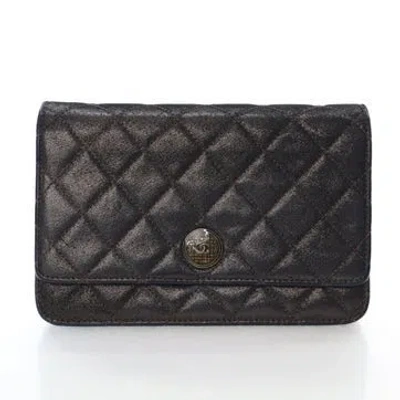 Pre-owned Chanel Leather Quilted Tartan Button Wallet On Chain In Black