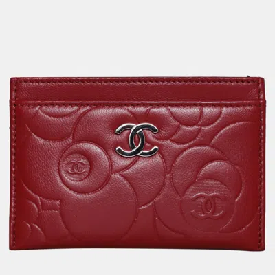 Pre-owned Chanel Leather Red Camellia Card Holder