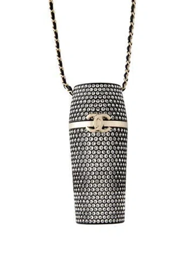 Pre-owned Chanel Leather, Resin & Strass Lipstick Case Long Pendant Necklace, 32" In Black