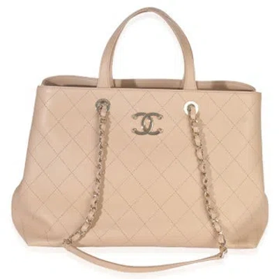 Pre-owned Chanel Leather Shopping Tote Large In Neutral