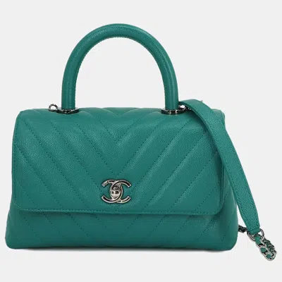 Pre-owned Chanel Leather Small Coco Handle Top Handle Bags In Green
