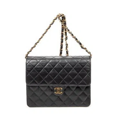 Pre-owned Chanel Leather Vintage Push Lock Straight Flap In Black
