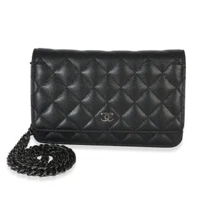 Pre-owned Chanel Leather Wallet On Chain In Black