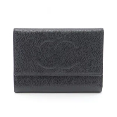 Pre-owned Chanel Leather Wallet (tri-fold) () In Black