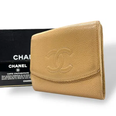 Pre-owned Chanel Leather Wallet (tri-fold) () In Sand
