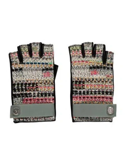 Pre-owned Chanel Leather-trimmed Tweed Fingerless Gloves In Black/green
