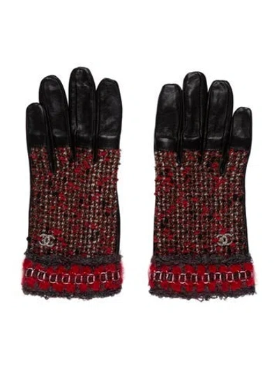 Pre-owned Chanel Leather-trimmed Tweed Gloves In Black