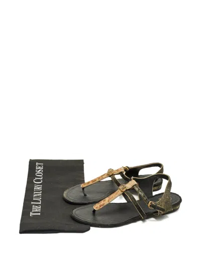 Pre-owned Chanel Leopard-pattern Leather Sandals In Black