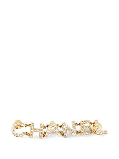 Pre-owned Chanel Letter-logo Crystal Brooch In Gold