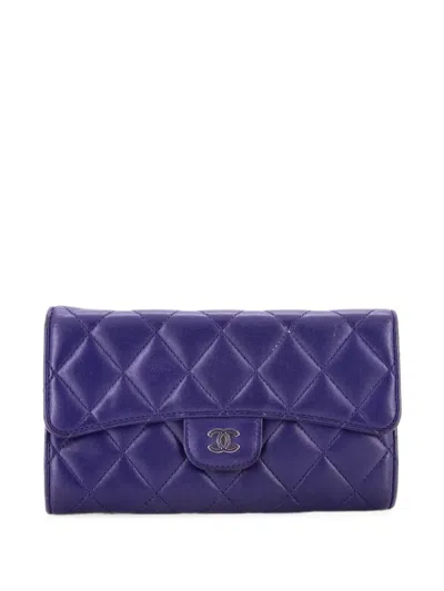 Pre-owned Chanel L-flap Wallet Quilted Lambskin Long Small Wallets In Blue