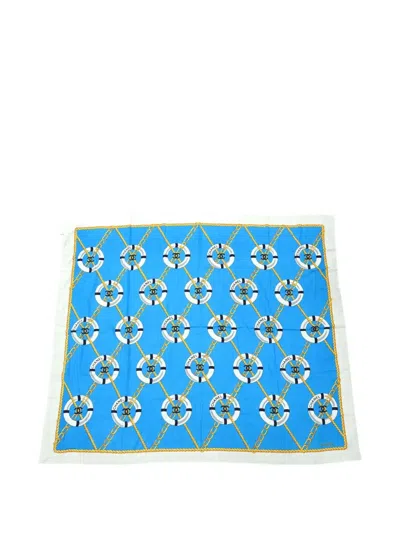 Pre-owned Chanel Life-ring Chain-print Scarf In Blue
