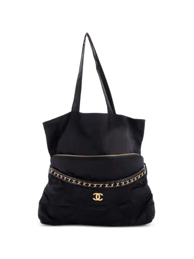 Pre-owned Chanel Lifestyle Foldable Nylon With Grosgrain Tote Bag In Black