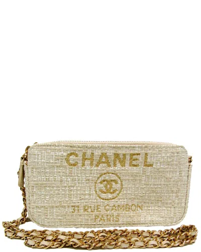 Pre-owned Chanel Light Beige & Off-white Tweed Chain/shoulder Wallet (authentic )