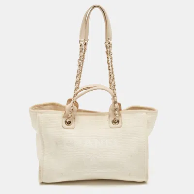 Pre-owned Chanel Light Beige Canvas And Leather Small Deauville Shopper Tote