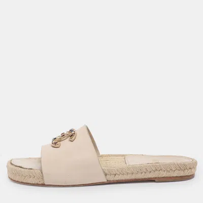 Pre-owned Chanel Light Beige Leather Cc Espadrille Slides Sandals Size 39