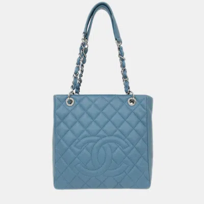 Pre-owned Chanel Light Blue Calfskin Petite Shopping Tote Pst Chain Handbag