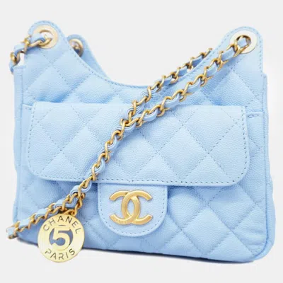 Pre-owned Chanel Light Blue Caviar Quilted Small Wavy Cc Hobo