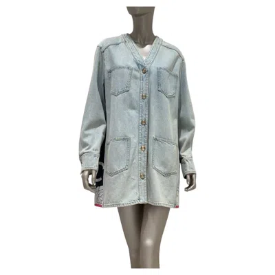 Pre-owned Chanel Light Blue Denim Overshirt Jacket With Camellia Trim, Fr 40