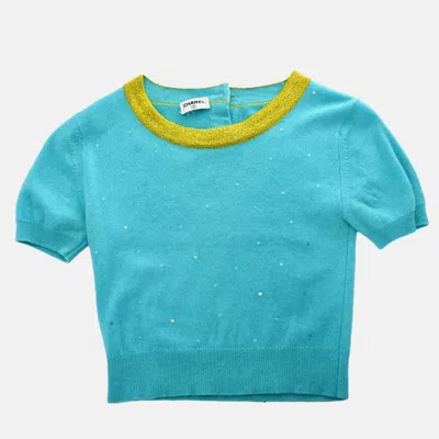 Pre-owned Chanel Light Blue Knit Short Sleeve Sweater Top