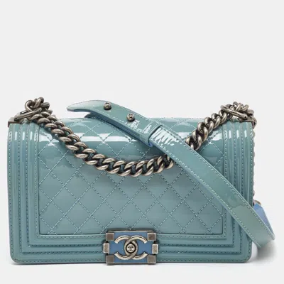 Pre-owned Chanel Light Blue Patent And Leather Medium Classic Boy Flap Bag