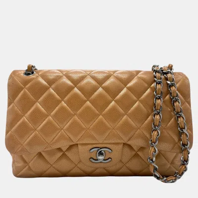 Pre-owned Chanel Light Bronze Caviar Skin Leather Matelasse Double Flap Shoulder Bag In Brown