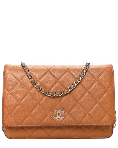Pre-owned Chanel Light Brown Caviar Leather Quilted Wallet On Chain (authentic Pre-  Loved)