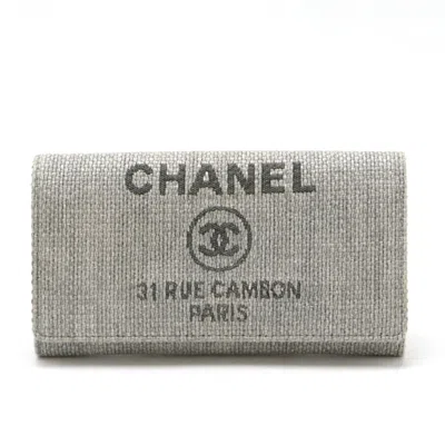 Pre-owned Chanel Light Gray Canvas Leather Long Wallet (bi-fold) ()
