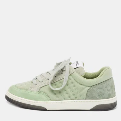 Pre-owned Chanel Light Green Fabric And Suede Skateboard Low Top Sneakers Size 36