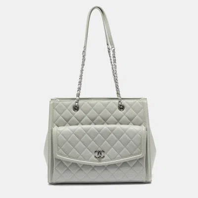 Pre-owned Chanel Light Grey Quilted Leather Cc Front Pocket Tote