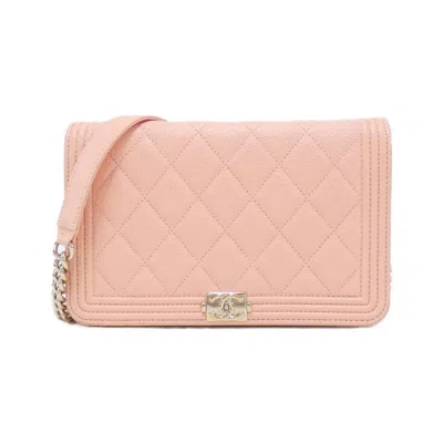 Pre-owned Chanel Light Pink Grained Calfskin Chain/shoulder Wallet ()