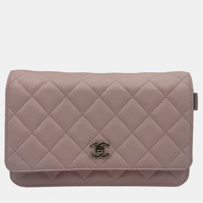 Pre-owned Chanel Light Pink Quilted Caviar Leather Cc Wallet On Chain