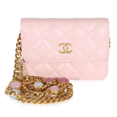 Pre-owned Chanel Light Pink Quilted Lambskin Jeweled Mini Wallet On Chain