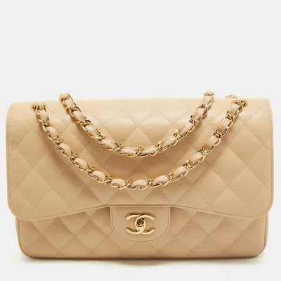 Pre-owned Chanel Light Quilted Caviar Leather Jumbo Classic Double Flap Bag In Beige